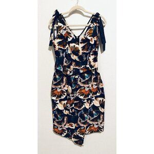 Beatriz Camacho Dress Womens 8 Navy Blue Floral Tie Shoulder Faux Wrap Skirt
